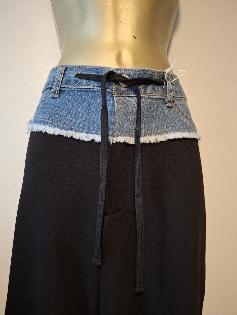 Black Wide-Leg Pants with Denim Waistband - Picture 2 of 2